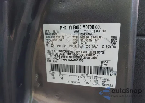 2012 Ford Escape Xlt from USA, damaged, VIN 1FMCU9D74CKA61756